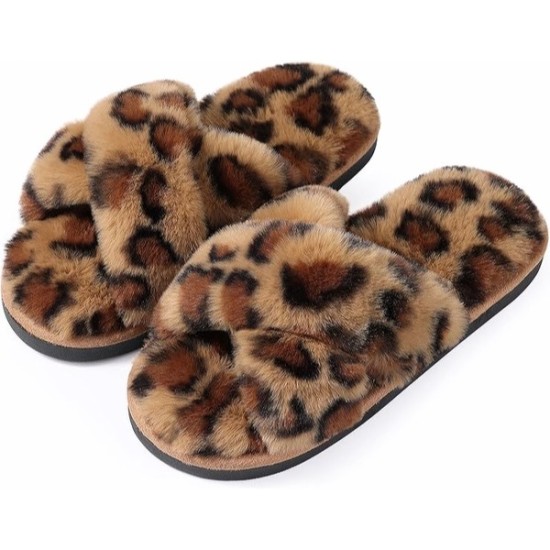 Women's Fuzzy Slippers Cross Band Memory Foam House Slippers Open Toe