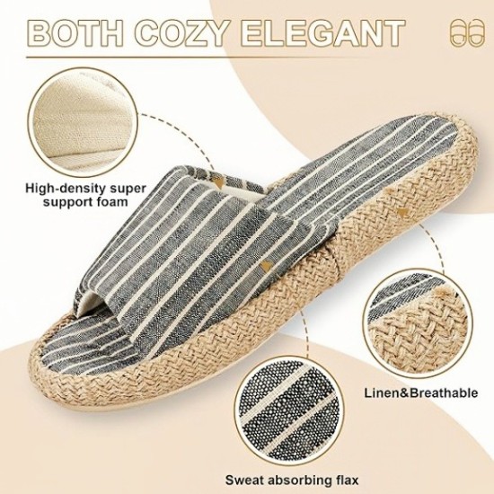 Summer House Slippers for Women Indoor Open Toe Women House Slippers Cotton and Linen Shoes Breathable Home TPR Outsole