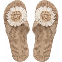 Women's Floral Decor Open Toe Linen Flip Flops Slipper Summer Vacation Slip on Slide Sandal