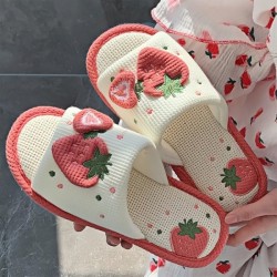 Women Kawaii Slippers Indoor Linen Slippers Strawberry Linen Cotton Slippers Home Floor Non-Slip Slides